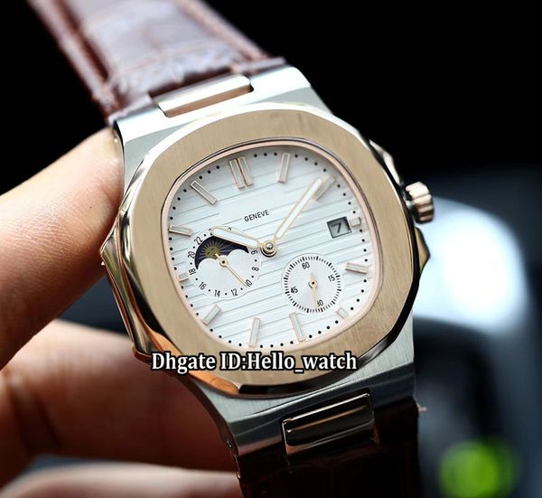 

new model sport nautilus 5712 white dial automatic mens watch moon phase sapphire glass two tone rose gold case leather strap watches, Slivery;brown
