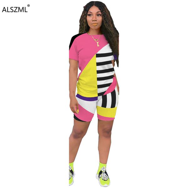 

3 color striped print two piece set women tracksuit summer lady outfits t-shirt and matched shorts suit, White