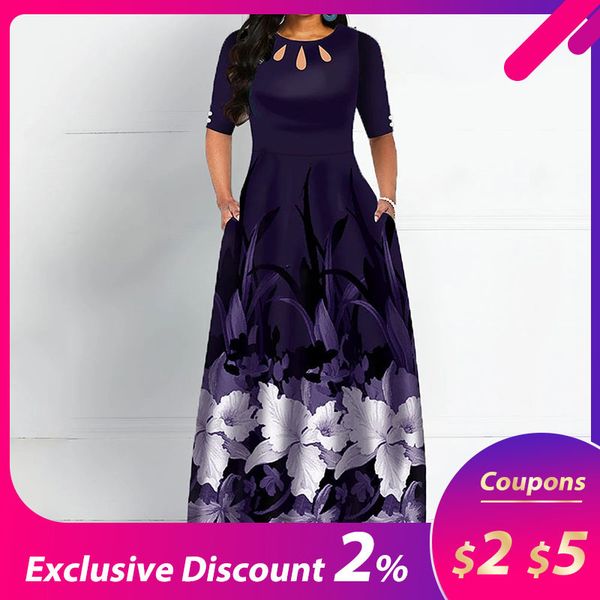 

women round neck boho dress half sleeve female elegant vintage floral printed a line pocket black maxi dresses robe femme 2020, Black;gray