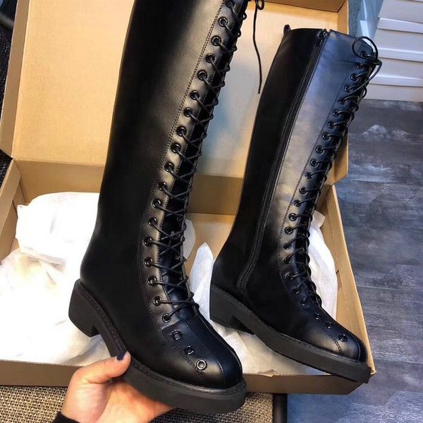 

2019 new women's pretty mid calf rain boots autumn winter soild riding shoes woman flat heels female lace up pu leather boot, Black