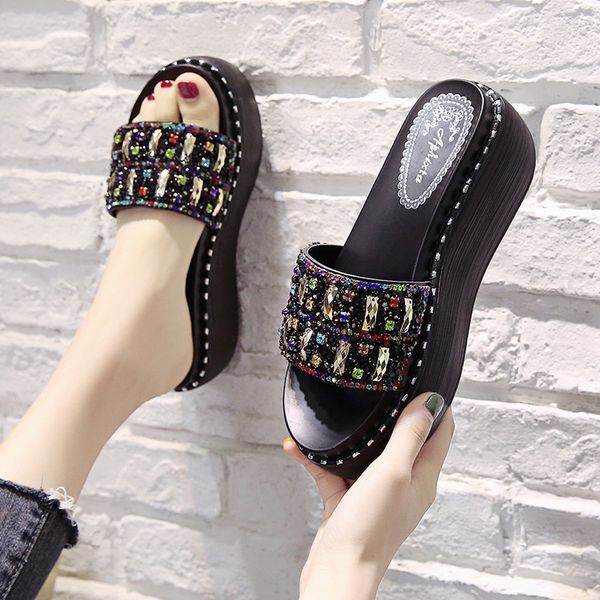

on a wedge female shoes house slippers platform loafers glitter slides fashion shose women med soft 2020 jelly flat, Black