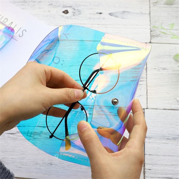 

simple magic color transparent pvc box laser travel sun leather buckle bag case glasses case magic glasses box, Blue
