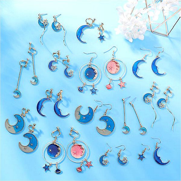 

2020 new fashion drop dangle earrings lovely simple blue / the moon / starry sky / long section asymmetric pendant for ladies, Silver