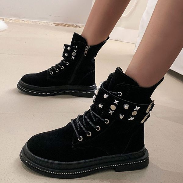 

comfortable laced women's boots flock ankle boots for women with platform autumn winter women's snow rivet soft bottom, Black
