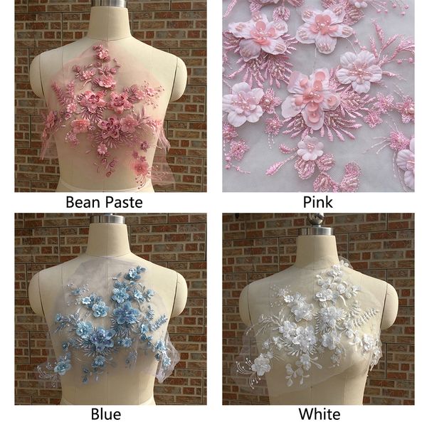 

3d pearl patches bridal applique beaded lace embroidery sewing wedding dress diy flower tulle colorful craft, Black;white