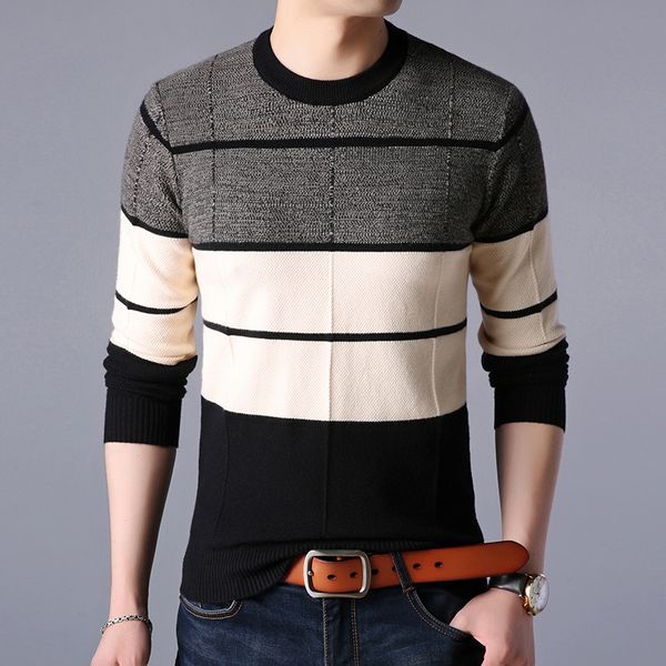 

2019 winter fashion brand sweater men pullover o-neck slim fit jumpers knitwear woolen striped korean style casual men clothes, White;black