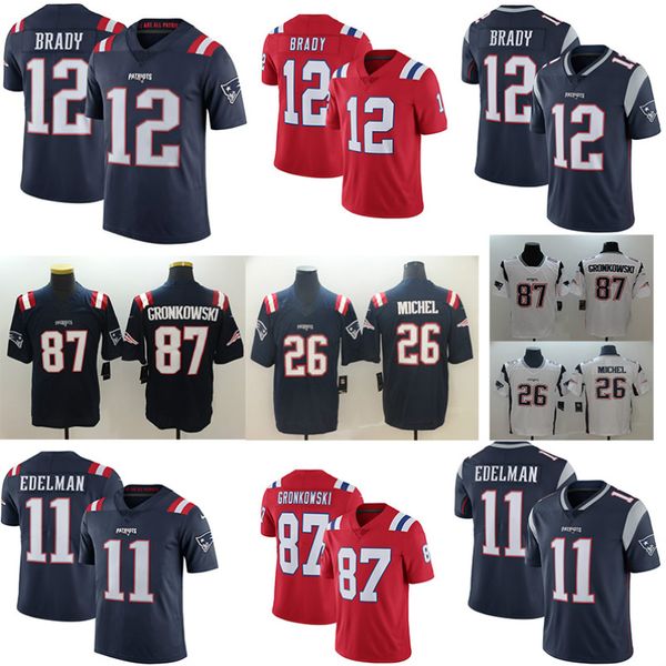 

new men's 12 tom brady jersey england 87 rob gronkowski patriot 26 sony michel 11 julian edelman ncaa football jerseys 05, Black;red