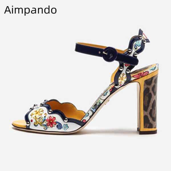 

print flower sandals woman peep toe slim shallow shoes female chunky square high heel sandalias ankle buckle decor rivet sandals, Black