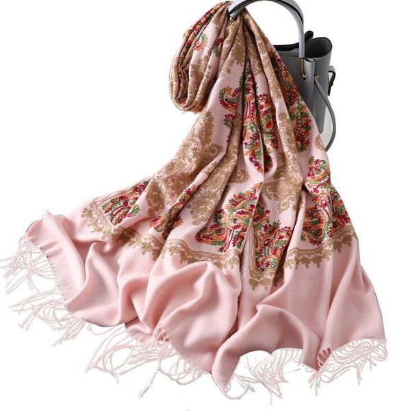 

embroidered cashmere-like scarf with thicker and warmer shawl in winter fashion tasseled white embroidered scarf ing, Blue;gray