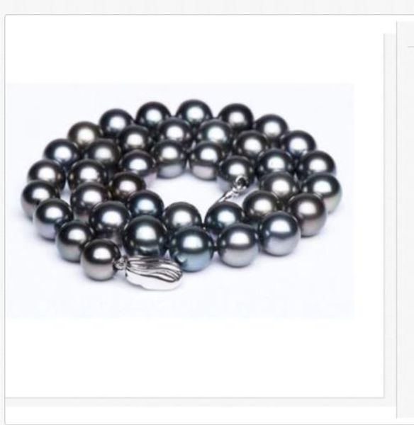 

bbb 10-11mm tahitian round black green pearl necklace 18inch 925s, Silver