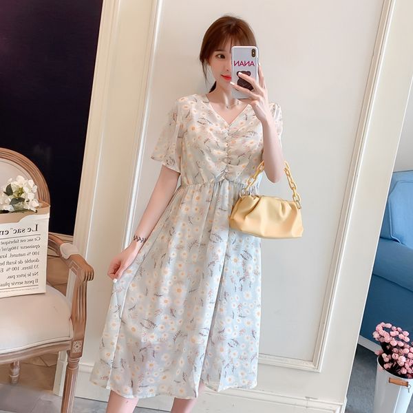 

2043# summer korean fashion maternity party long dress elegant v neck slim waist clothes for pregnant women floral pregnancy, White