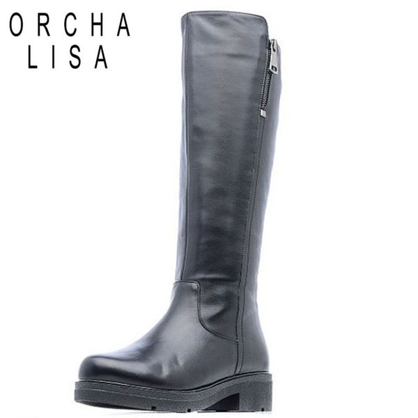 

orcha lisa genuine genuine leather round toe atmosphere knee high boots zipper winter boots botas femininaj413, Black