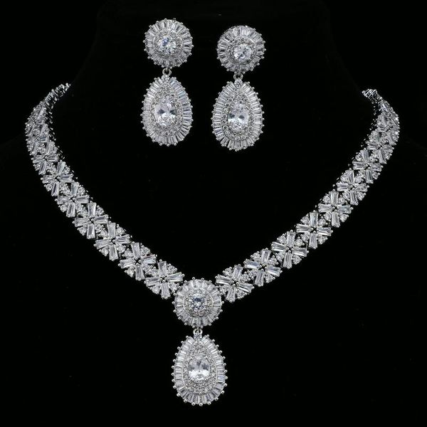

honghong cubic zirconia 3 pcs bride jewelry sets women's necklace earrings set 3 color fashion jewelry, Silver