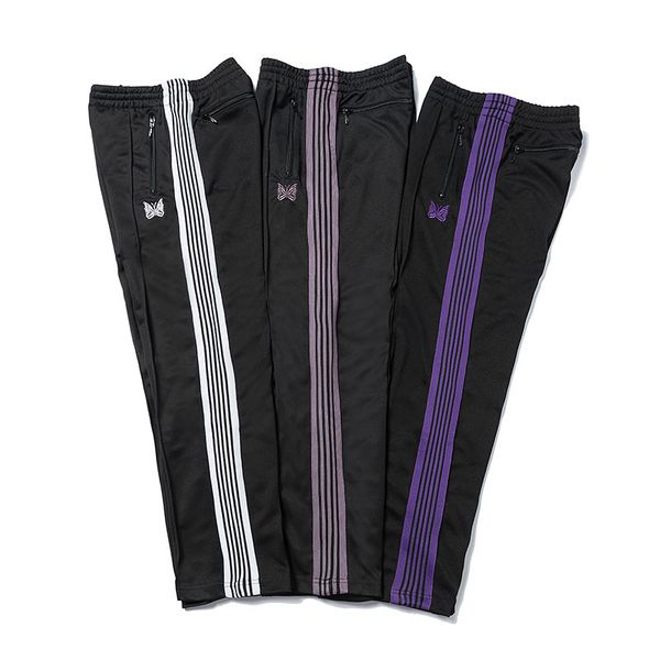 

casual streetwear awge needles sweatpants women men striped zipper awge pants butterfly embroidery joggers needles trousers, Black