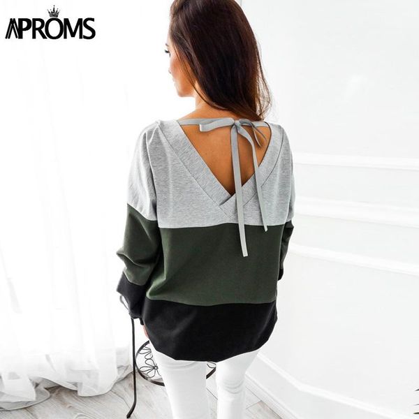 

aproms white red color blocked long sleeve t-shirt women fashion back bow tie tee t shirt female autumn casual thin basic