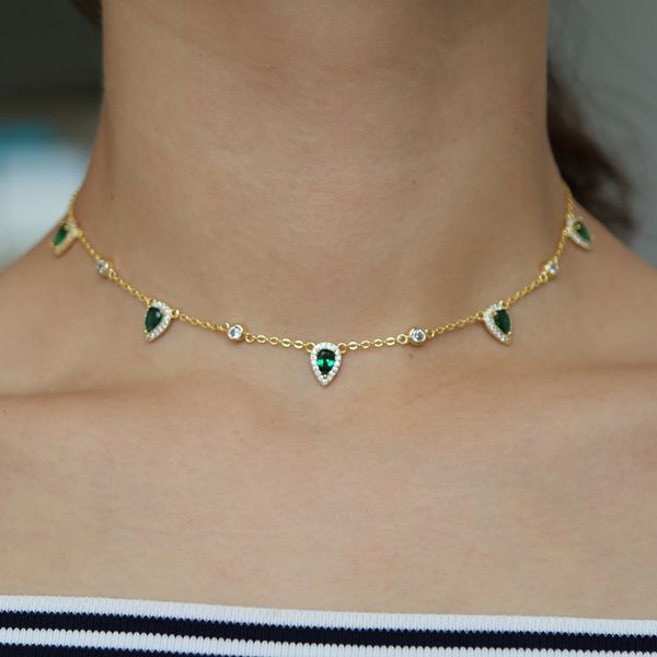 

new fashion jewelry green crystal cz choker necklace water drop round charm link chain trendy fashion necklaces, Silver