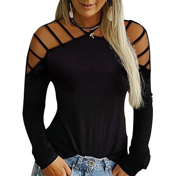 

women solid color hollow out off shoulder long sleeve t-shirt loose top, White