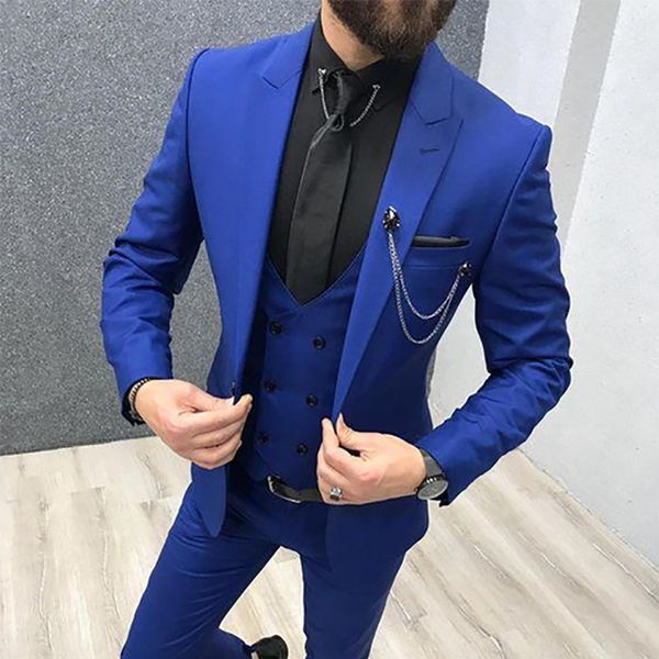 

2020 three piece royal blue men suits peaked lapel custom made wedding tuxedos slim fit male suits (jacket + pants + vest, White;black