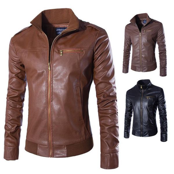 

men's leather coat trend stand collar fashion slim fit leather jacket men's wear, Black