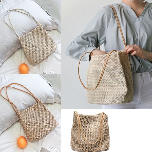 

sfg house women durable weave straw beach bags female linen woven bucket bag grass casual tote handbags knitting rattan bags