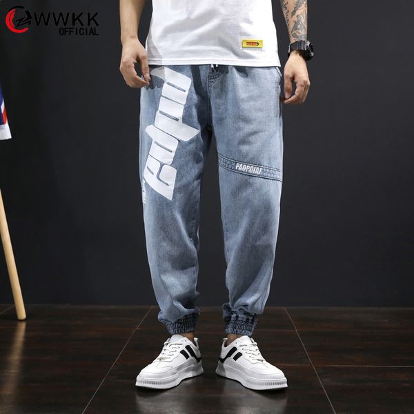 

wwkk high waist jeans man plus size street style elastic waist denim pants cotton loose coated vintage washed boyfriend jeans, Blue