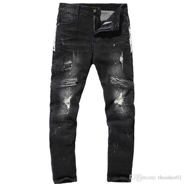 

brand new mens designer jeans fashion distressed zipper ripped jeans mens designer skinny biker pants hip hop denim pants, Blue