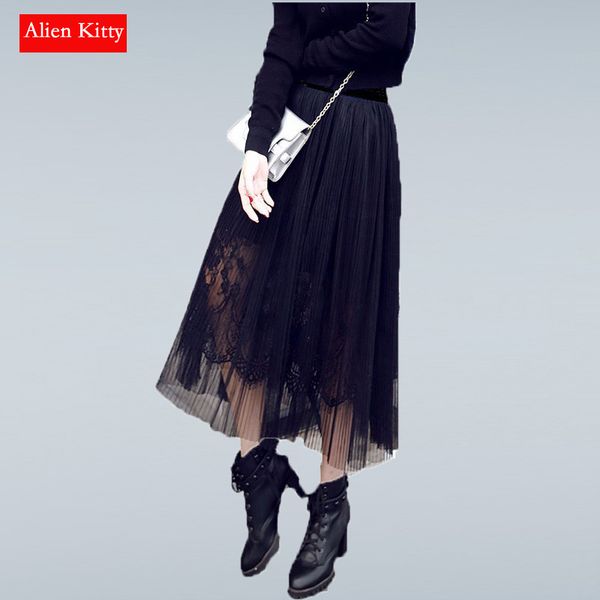 

alien kitty 2019 new spring summer autumn lace skirt women long perspective waist gauze tutu pleated skirts plus size female, Black;gray