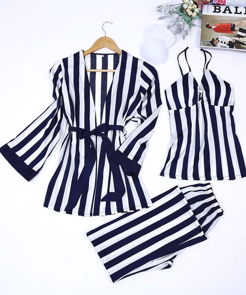 

2019 spring new design four pieces satin pajamas sets bathrobe + bras + pants luxury female nighties striped sets, Blue;gray