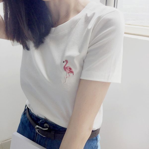 

женская мода t shirt flamingo письмо вышивки белый 100% хлопок футболки повседневная коротким рукавом топы camiseta feminina размер s xl, White