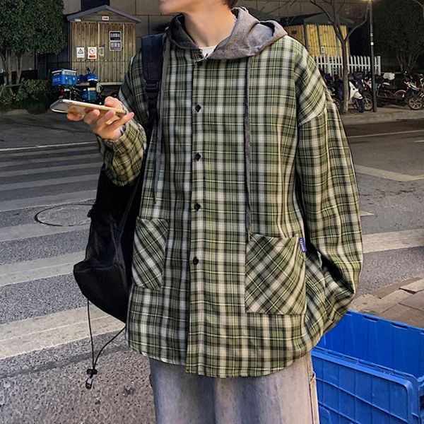 

весна новый клетчатую рубашку мужская мода ретро повседневная рубашка с капюшоном мужчины streetwear wild сыпучие длинным рукавом мужские, White;black