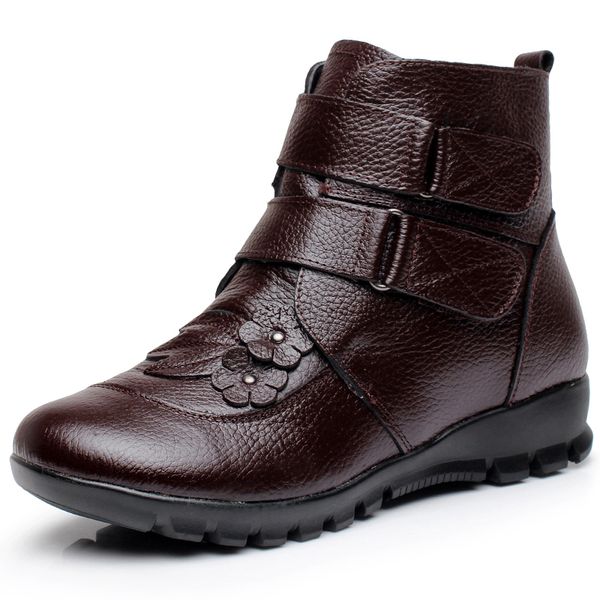 

oukah winter genuine ladies ankle women 2019 black flat flower waterproof warm cow leather short snow boots woman mx200324