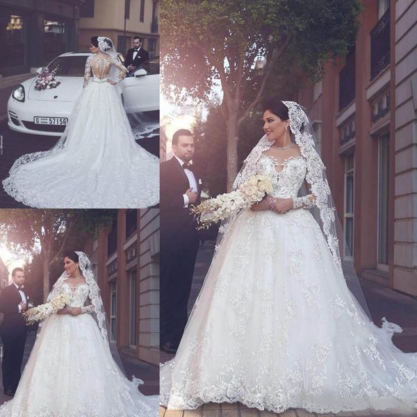 

2020 long sleeve tulle arabic a line wedding dresses appliques bridal dresses button back bridal wedding gowns robe de mariage, White