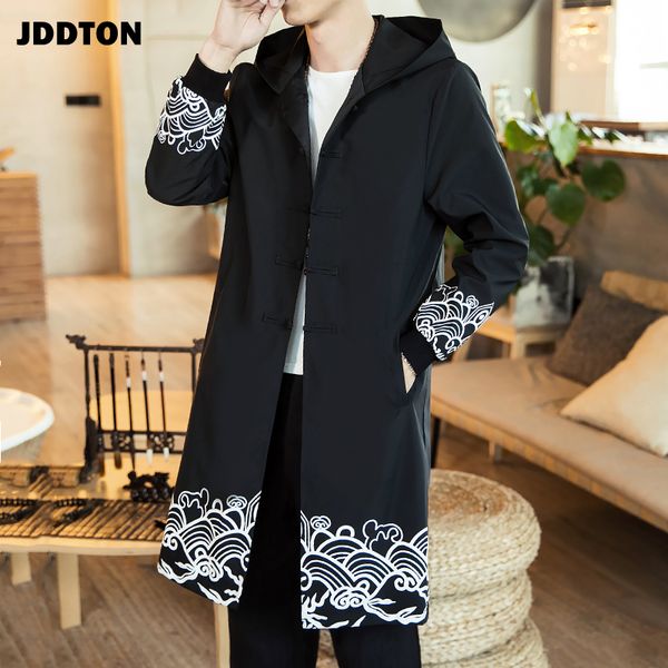 

jddton spring men's cotton printed kimono loose fashion long cardigan outerwear vintage coats male casual hooded overcoats je090, Tan;black