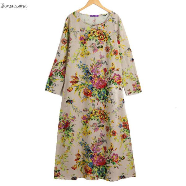 

урожай платье женщины maxi карманы платье 2019 с длинным рукавом цветочные o шеи plus размер хлопка linen платье балахон, Black;gray