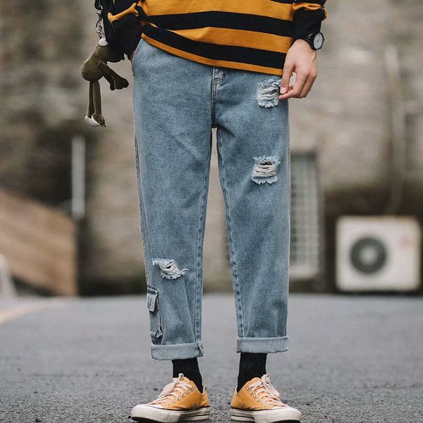 

2019 summer new fashion casual men's jeans male denim trousers loose, Blue