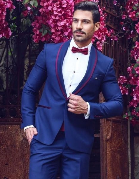 Moda Royal Blue Damat smokin Şal Yaka Groomsmen Düğün Smokin Mükemmel Erkekler Resmi Blazer Balo Ceket Suit (Ceket + Pantolon + Kravat) 864
