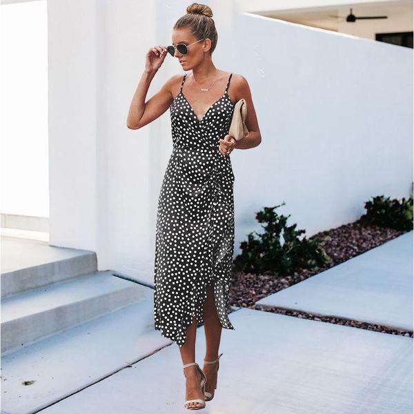 

new fashion dot print spaghetti strap dress summer dresses v neck sleeveless ruffles slim ladies midi dress vestidos, Black;gray
