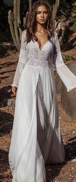 abiti da sposa Asaf Dadush con giacca avvolgente a maniche lunghe vintage in pizzo all'uncinetto fata flowy chiffon beach boho abiti da sposa da sposa293R