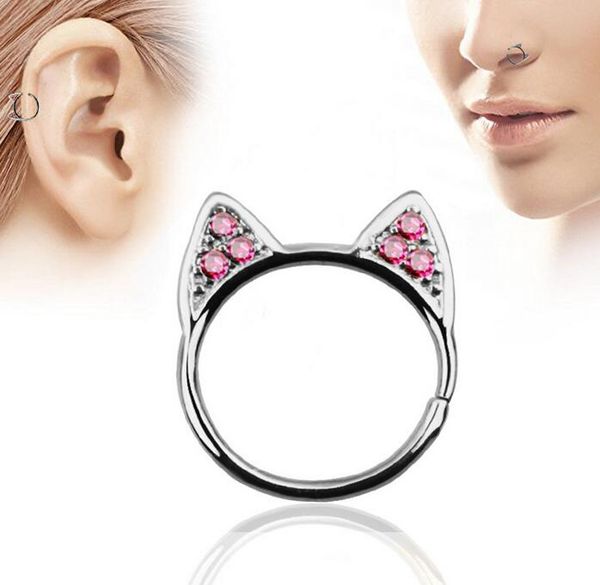 

new crystal fake cat ear nose ring silver plated round septum piercing clicker faux clip non body hoop for women body jewelry, Slivery;golden