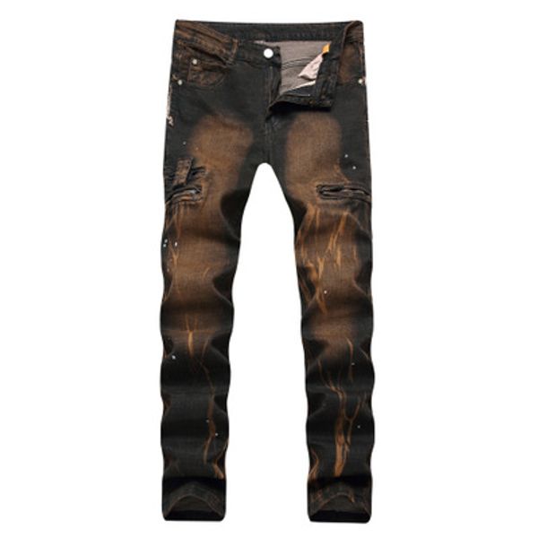 

new fashionable men's jeans wash yellow printing zipper stretch retro fashion style men's denim trousers sale, Blue