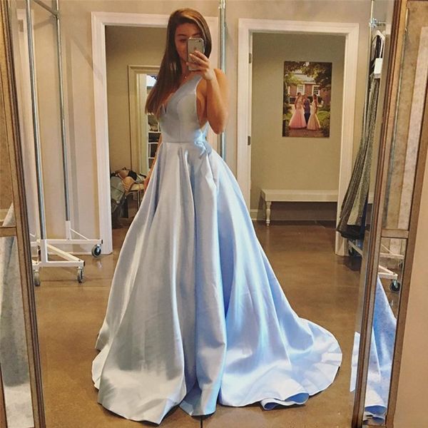 

light blue a line with pocket prom dresses v neck sleeveless draped formal wear sweep train satin plus size evening party gowns, Black