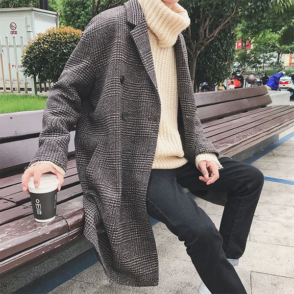 

2017 winter new arrival double-breasted checkered lace-up coat solid color turn-down collar loose mid-length men windbreaker, Black