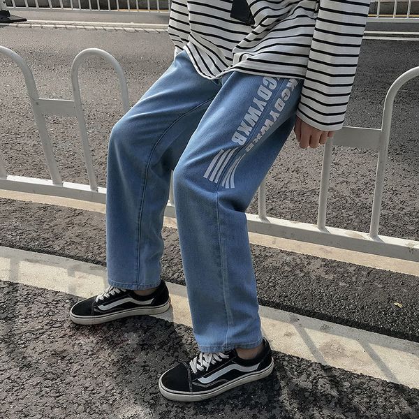 

2020 весной и осенью новая молодежный мужское письмо версия для печати джинсы моды повседневной сыпучей mid-low талия брюки прямые blue -5x