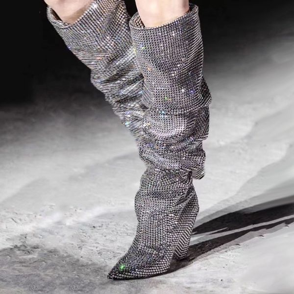 

2019 pointed toe knee high boots woman super high heels with flock leather slip on riding shoes in spike heels fashion spring, Black