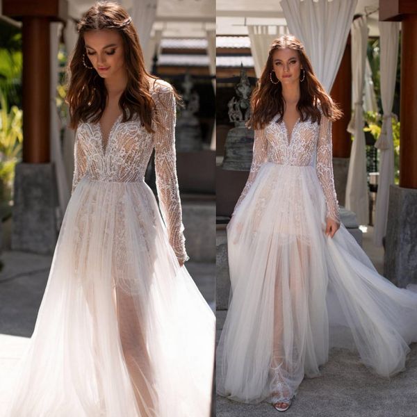 

2019 milla nova summer lace wedding dresses appliqued deep v neck long sleeve bridal gowns sweep train a line boho wedding dress, White