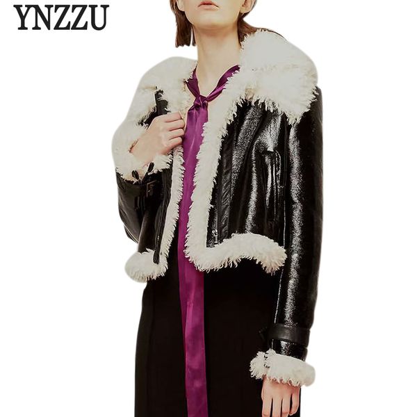 

ynzzu chic 2018 winter women faux leather jackets lamb fur turn down collar warm long sleeve pu leather jacket coat yo724, Black