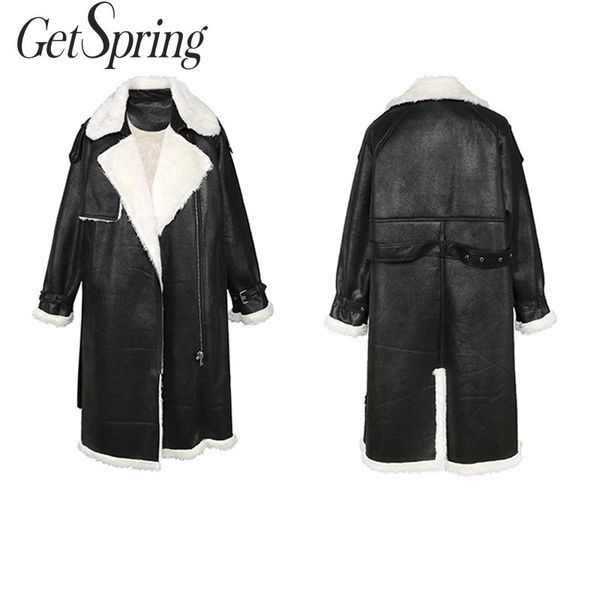 

getspring women winter jacket suede black fur overcoat thickened motorcycle long faux fur coat winter warm coat 2019 fashion new