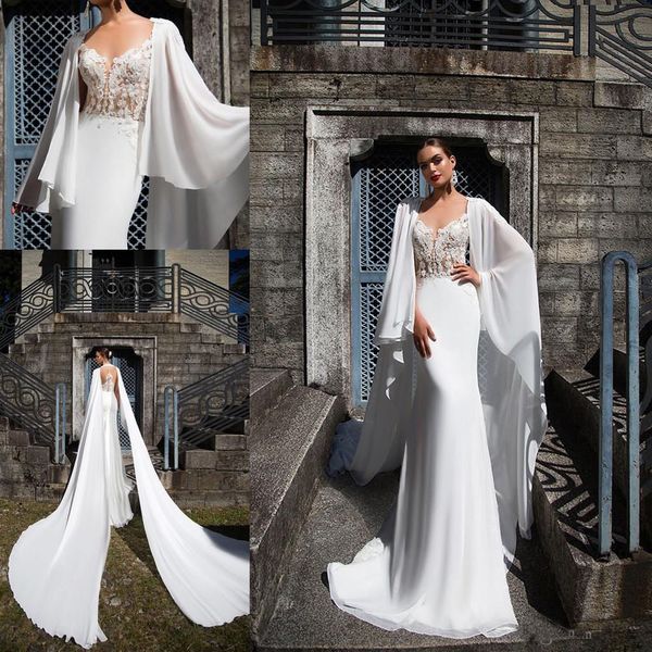 

caftan dubai country wedding dresses mermaid v neck flowy chiffon beach wedding dress illusion back vestito da sposa robe de mariée, White