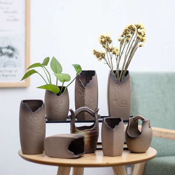 

stoneware creative minimalist decoration deskceramic xiao hua qi home retro hydroponic flower holder zen japanese-style stem vase