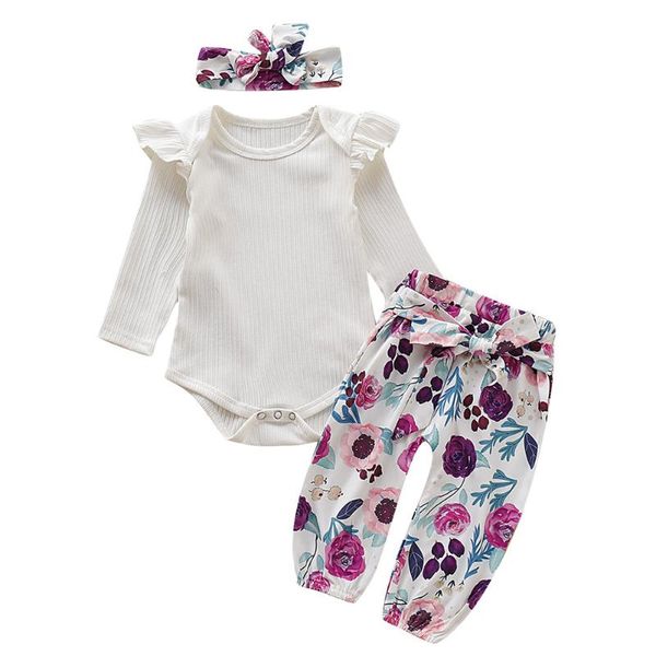 

3pcs casual floral printed ruffle girls baby bodysuit set gift long sleeve newborn home holiday outfits crew neck pants+headband, White